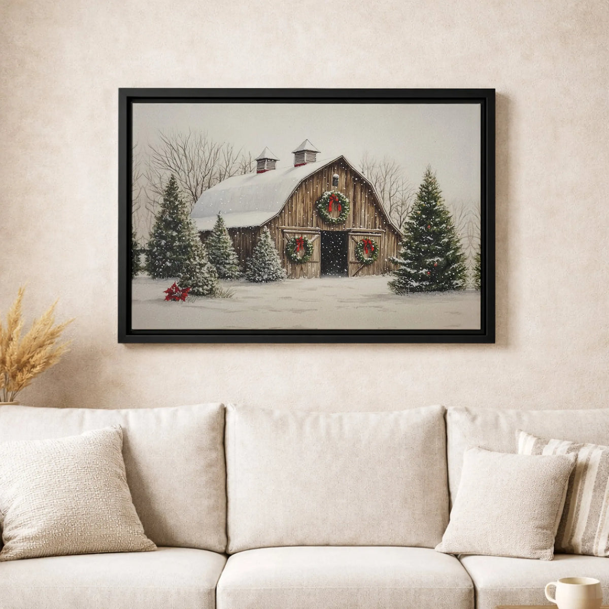 Rustic Winter Farmhouse Canvas Print, Snowy Christmas Barn Canvas Wall Art, Holiday Landscape Canvas Decor, Country Xmas Wall