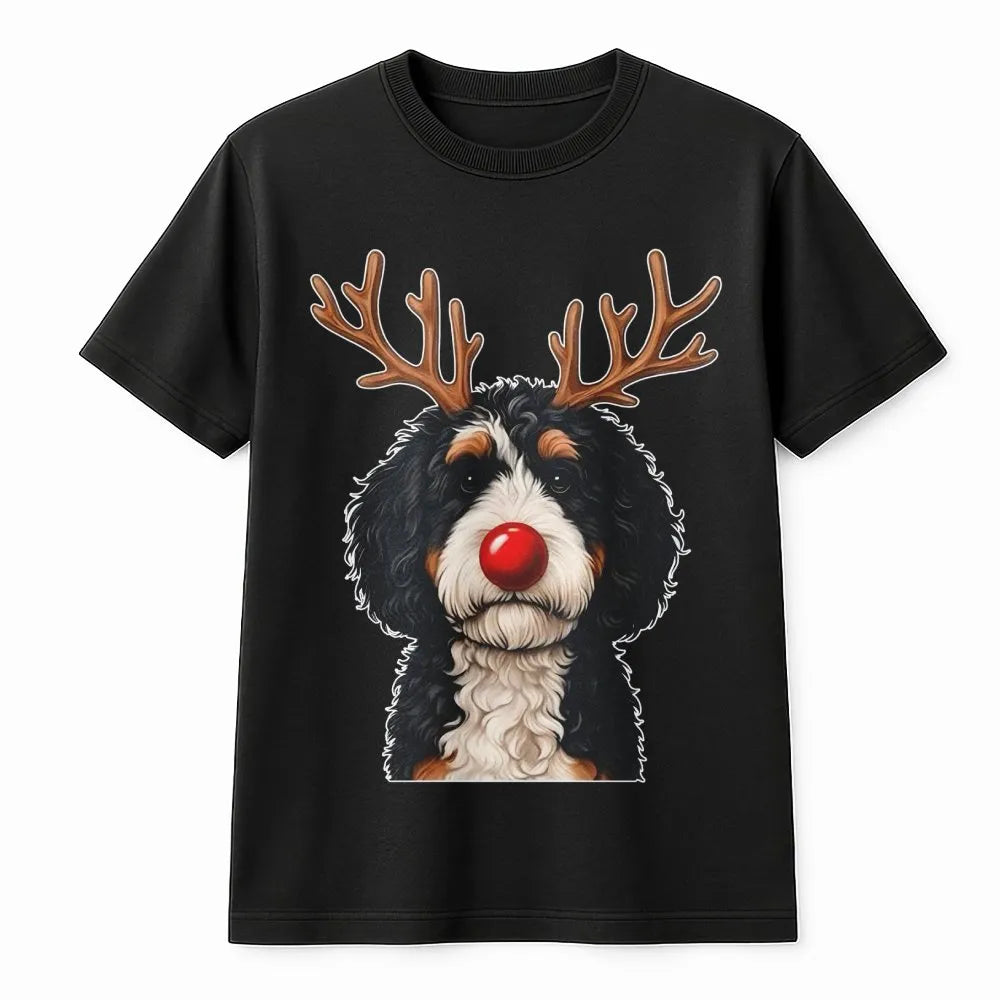 Reindeer Antlers Puppy Dog Graphic Tee, Bernedoodle Christmas T-Shirt, Doodle Pet Holiday Shirt, Adorable Dog Mom Winter Seas