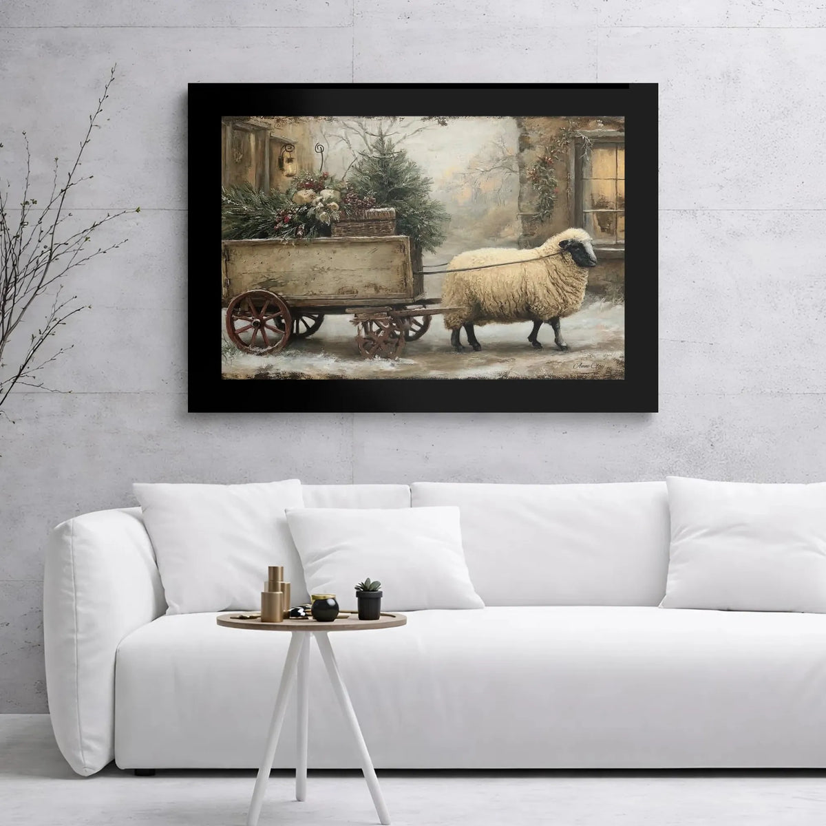 Sheep Winter Cart Canvas Print, Farmhouse Christmas Canvas Wall Art, Rustic Holiday Farm Canvas Painting, Comfy Seasonal Home