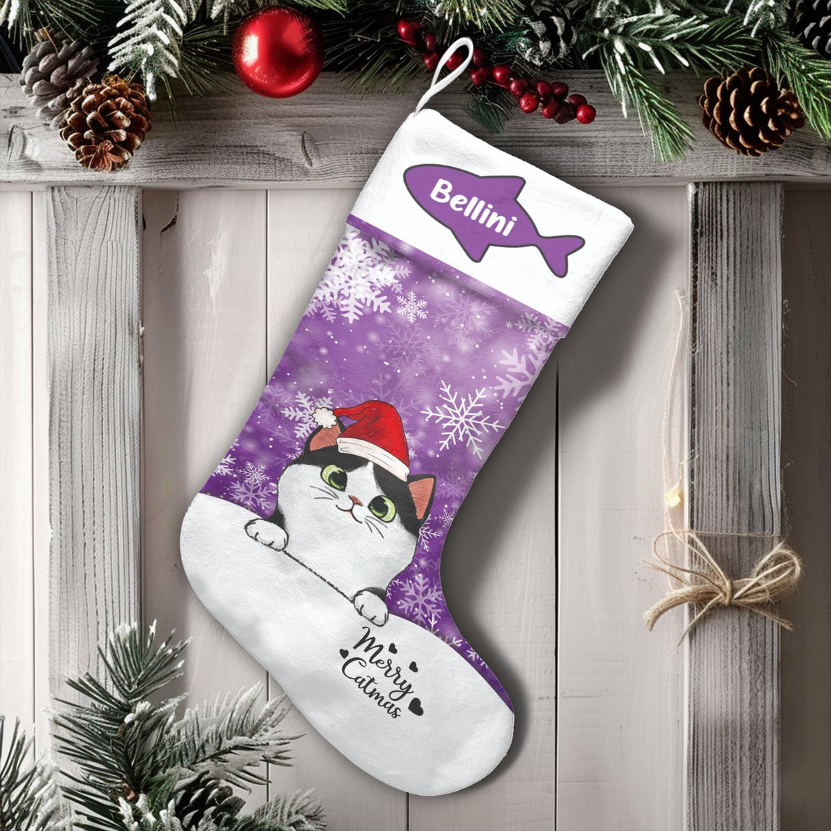 Adorable Kitten Christmas Stocking, Personalized Cat Santa Hat Christmas Stocking, Custom Pet Holiday Stocking, Cat Lover Hol