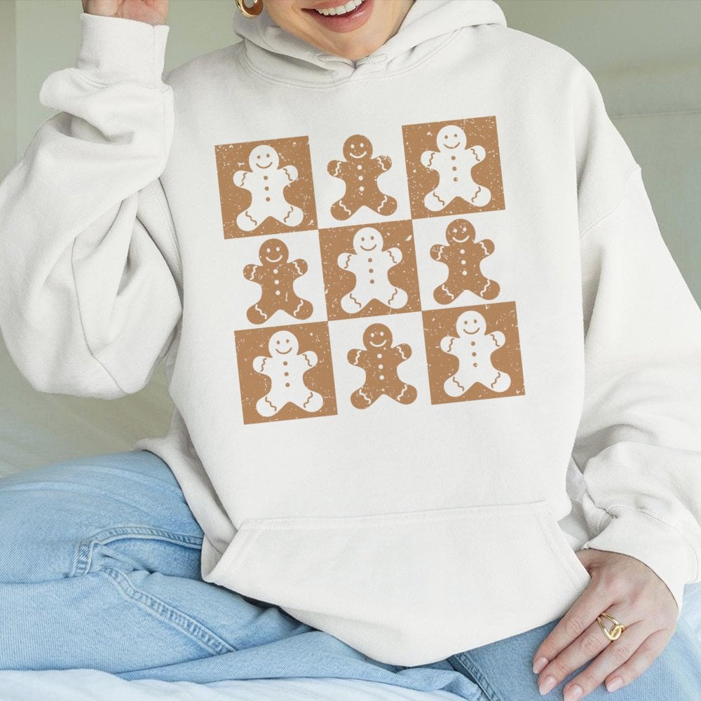Checkered Christmas Hoodie, Gingerbread Man Hoodie, Adorable Xmas Baking Hooded Sweatshirt, Retro Holiday Cookie Hoodie, Bake