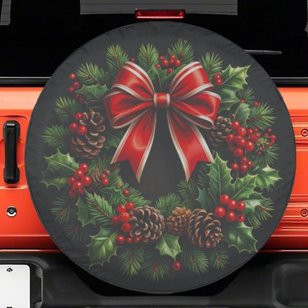 Festive Pinecone Red Bow Tire Cover, Christmas Wreath Spare Tire Cover, Waterproof Holiday Tire Cover, Xmas Jeep SUV Car Deco