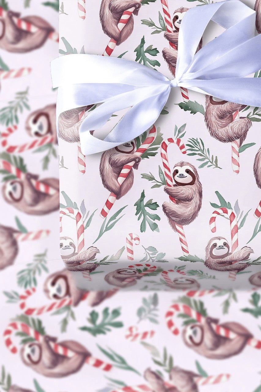 Candy Cane Sloth Gift Wrap, Christmas Sloth Wrapping Paper, Whimsical Holiday Wrapping Paper, Adorable Animal Christmas Gift 