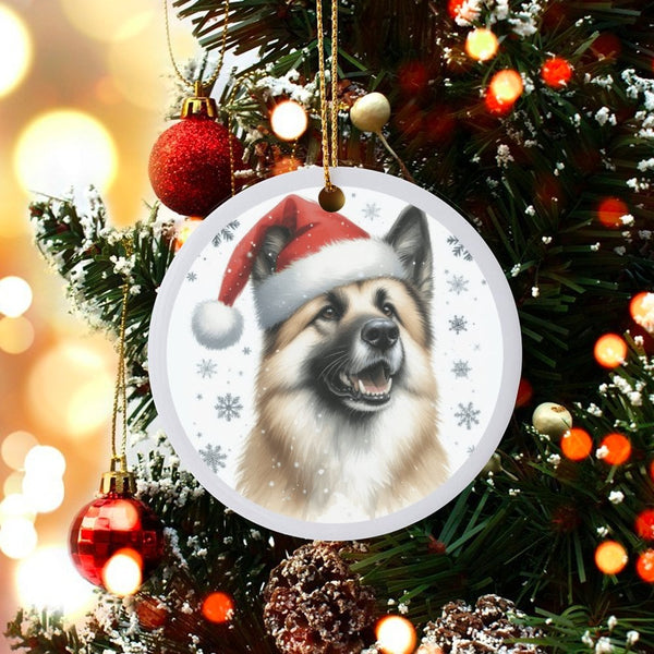 Santa Hat Dog Art Ornament, American Akita Christmas Ornament, Ceramic Puppy Tree Ornament, Winter Holiday Pet Keepsake, Dog 