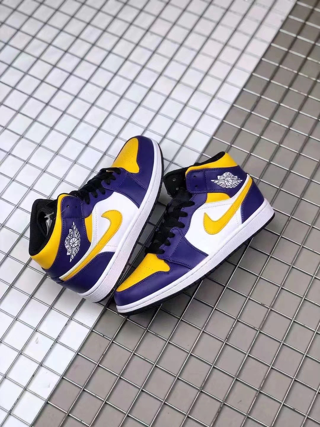 Mid Top Sneakers, White Purple Yellow Colorway, Lace Up Design, Casual Gift for Sneaker Fans