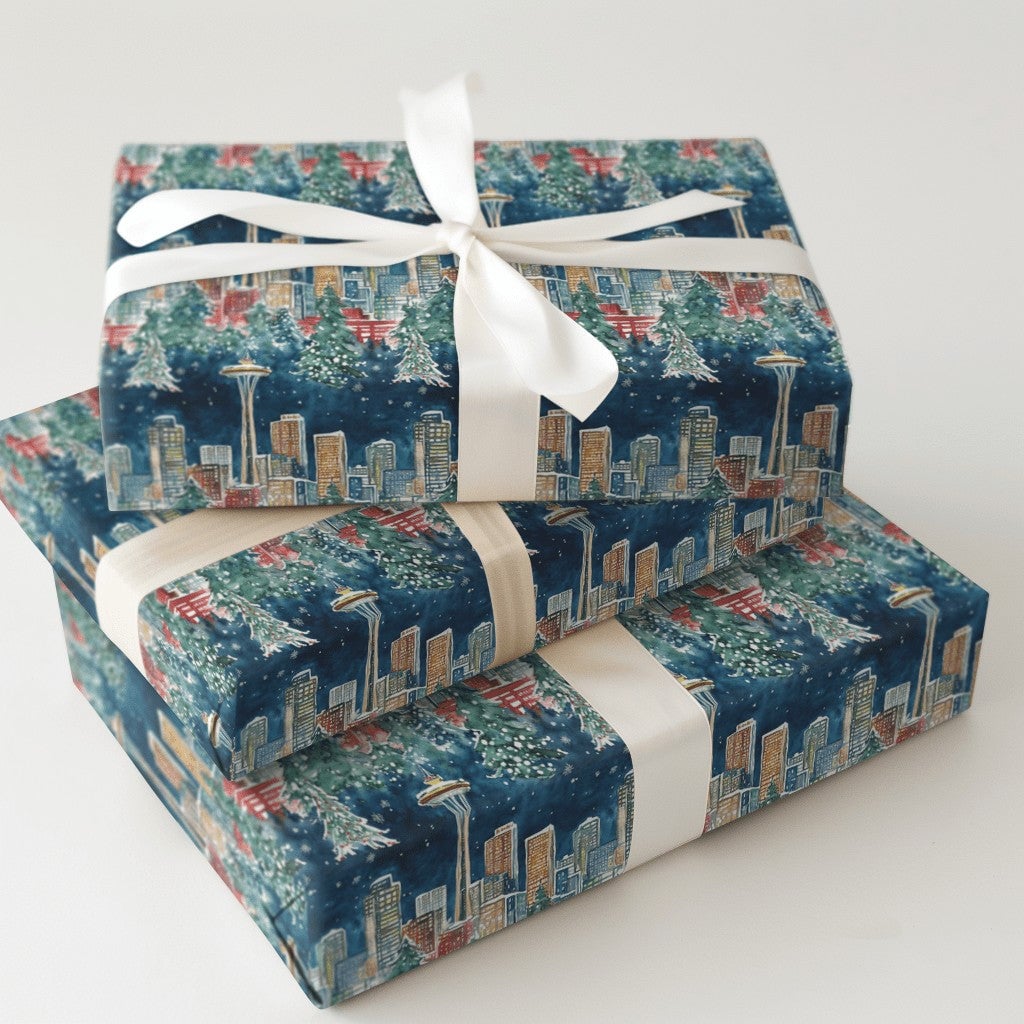 Space Needle Holiday Gift Wrap Roll, Seattle Skyline Christmas Wrapping Paper, Pacific Northwest Winter Wrapping Paper, City 