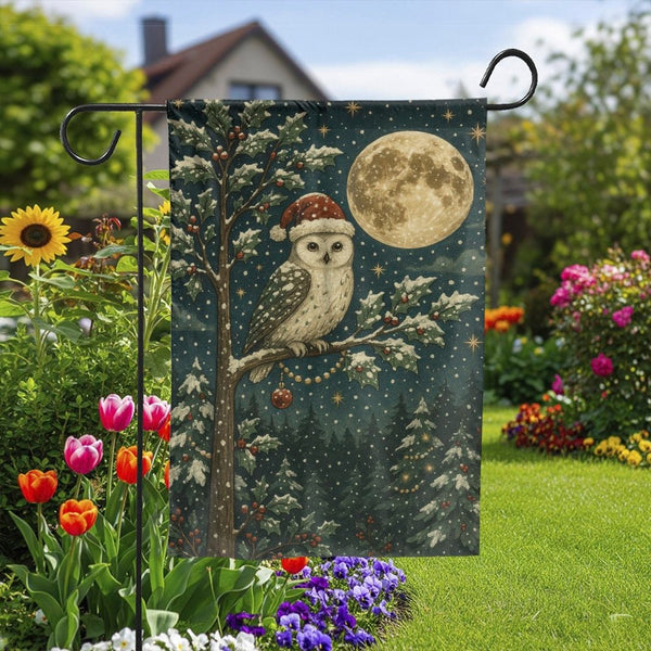 Santa Hat Full Moon Flag, Snowy Owl Christmas Garden Flag, Winter Wildlife Yard Flag, Festive Holiday Lawn Decor, Seasonal Ou