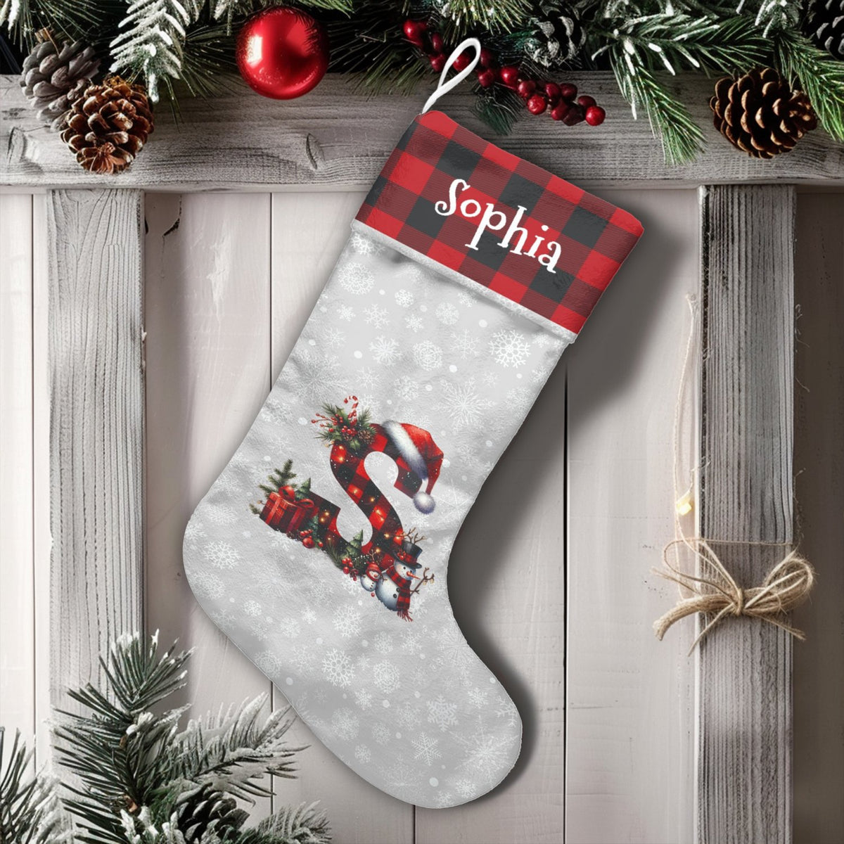 Red Buffalo Plaid Initial Holiday Stocking, Personalized Monogram Christmas Stocking, Custom Name Winter Stocking, Family Fir
