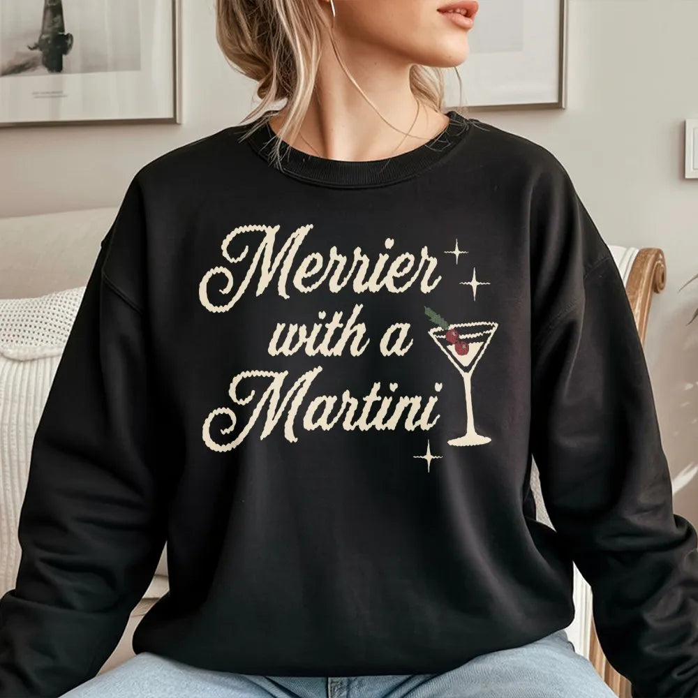Festive Cocktail Graphic Crewneck, Merrier with A Martini Christmas Sweatshirt, Holiday Bar Drinking Pullover, Party Present 