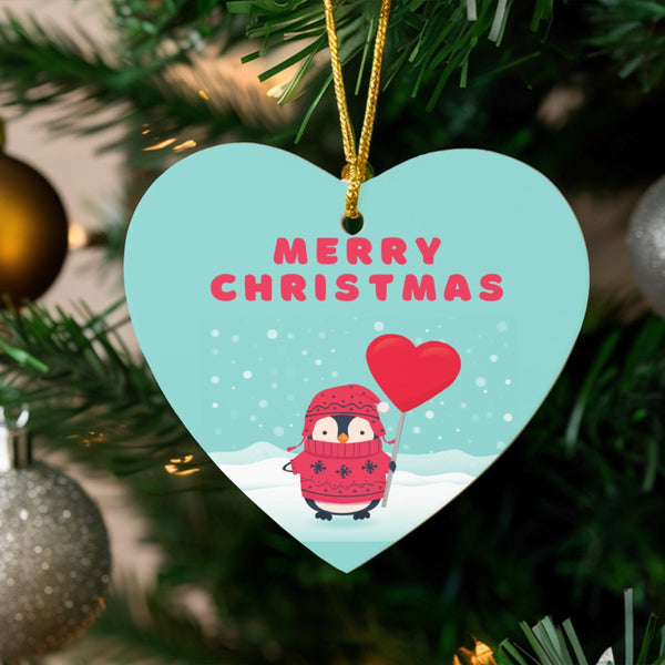 Merry Christmas Ceramic Ornament, Penguin Balloon Heart Ornament, Adorable Holiday Animal Keepsake Ornament, Festive Winter D