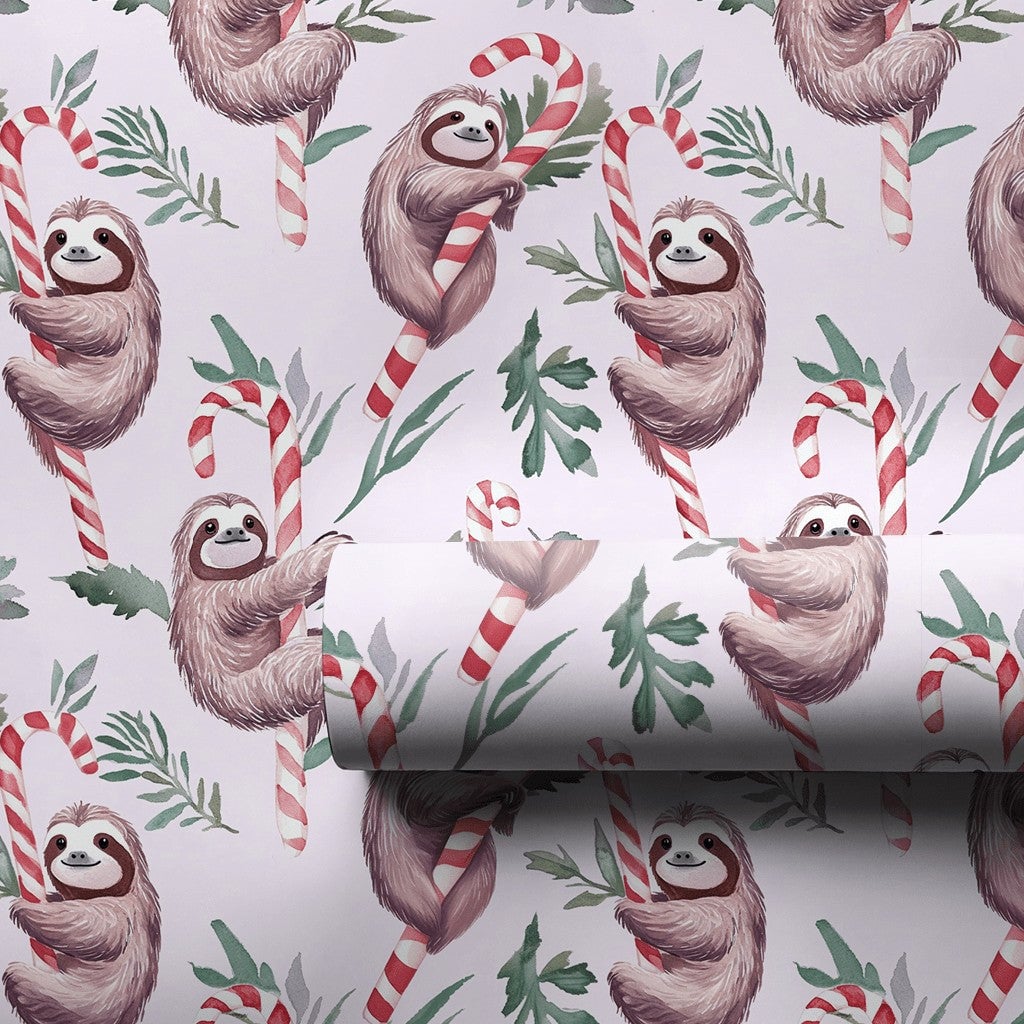 Candy Cane Sloth Gift Wrap, Christmas Sloth Wrapping Paper, Whimsical Holiday Wrapping Paper, Adorable Animal Christmas Gift 