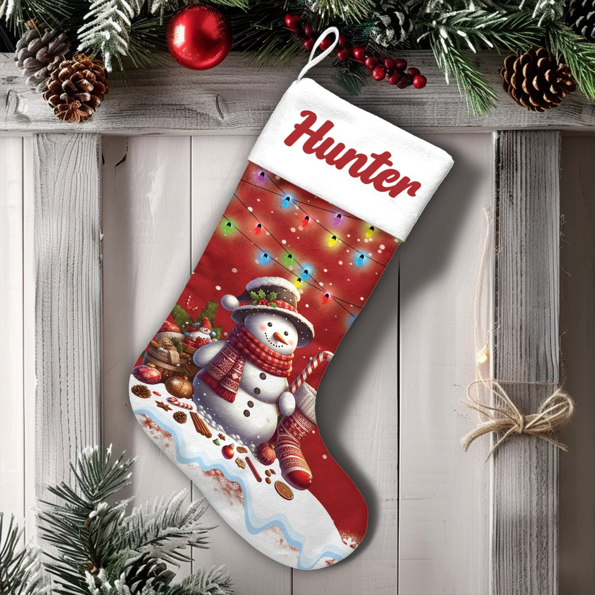 Custom Name Xmas Stocking, Personalized Snowman Christmas Stocking, Festive Holiday Lights Stocking, Winter Fireplace Decor, 
