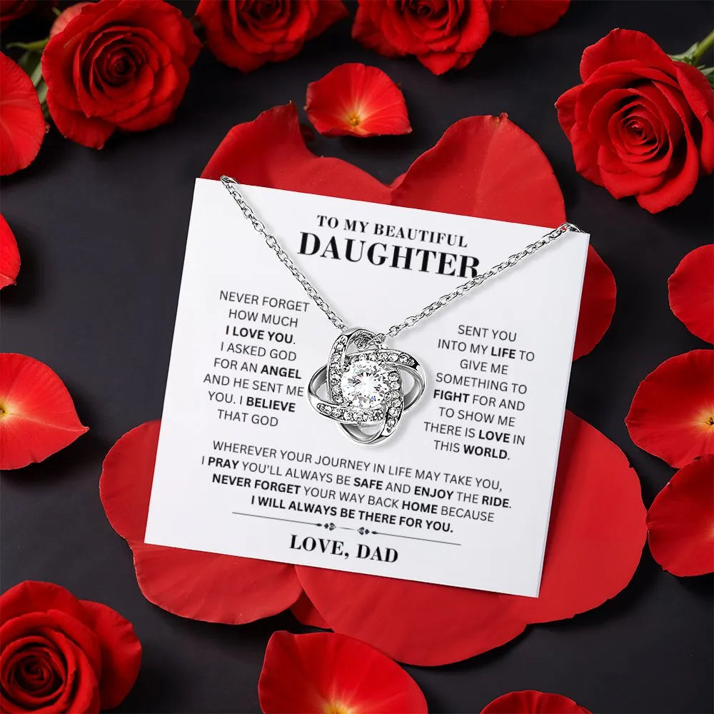 CZ Love Knot Necklace, Daughter Love Knot Necklace from Dad, Message Card Love Knot Necklace, Birthday Present for Daughter, 
