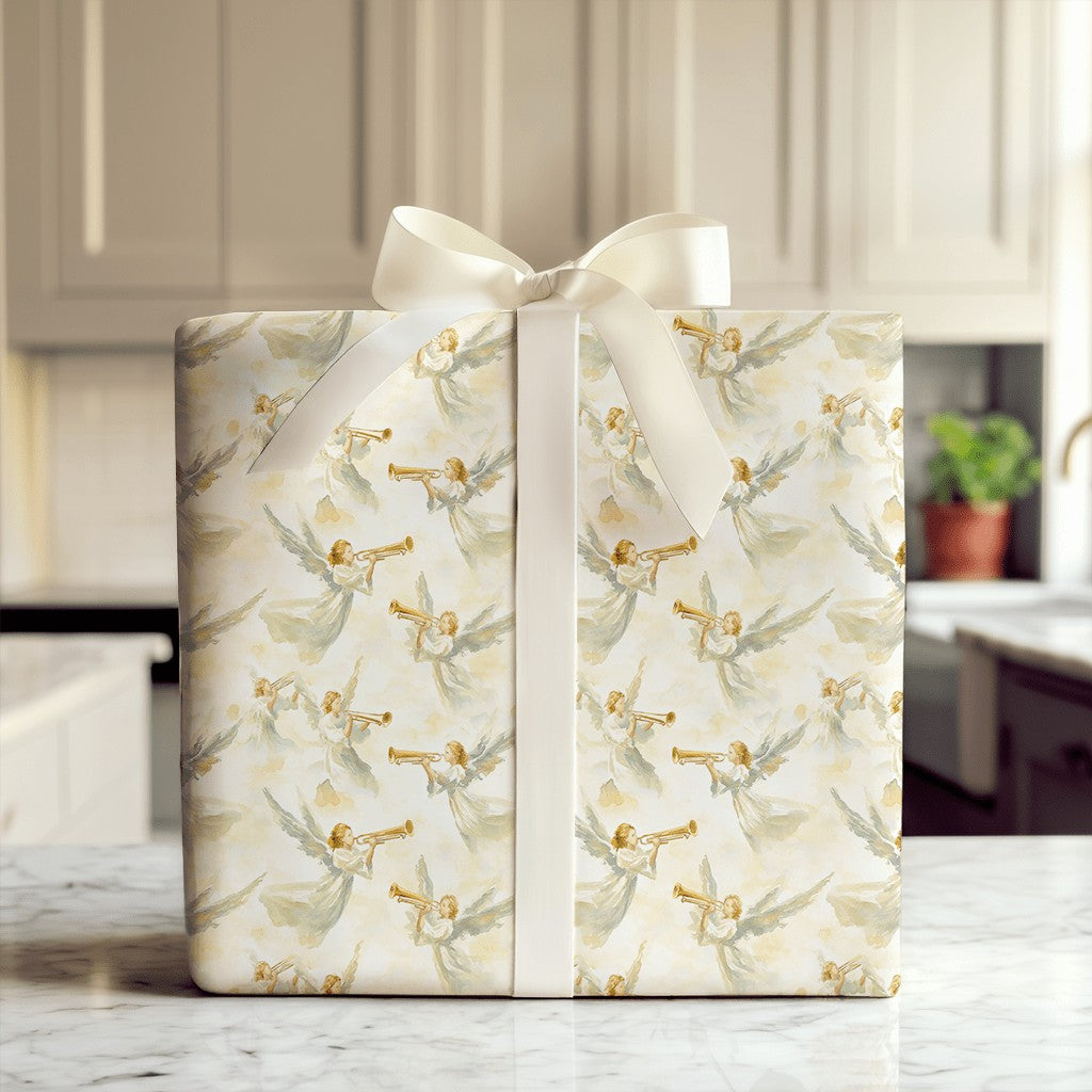 Golden Trumpet Angels Gift Wrap, Watercolor Angel Wrapping Paper, Religious Spiritual Wrapping Paper, Christmas Baptism Prese