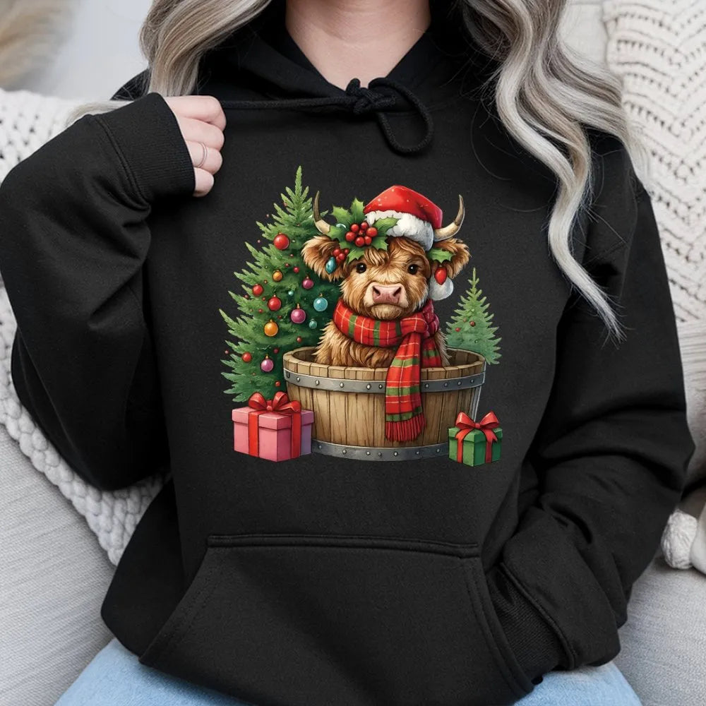 Baby Cow in Barrel Sweatshirt, Christmas Highland Cow Hoodie, Festive Farm Animal Pullover, Holiday Cow Hooded Sweatshirt, Xm