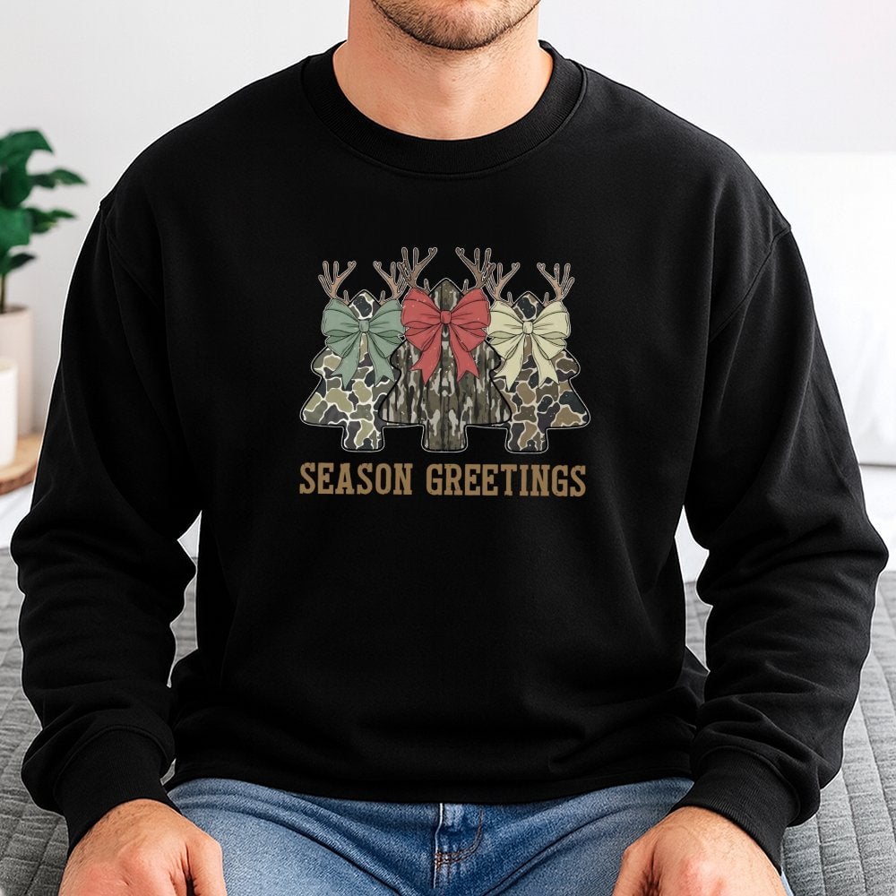Coquette Bow Holiday Graphic Crewneck, Camo Christmas Tree Sweatshirt, Camouflage Xmas Tree Sweater