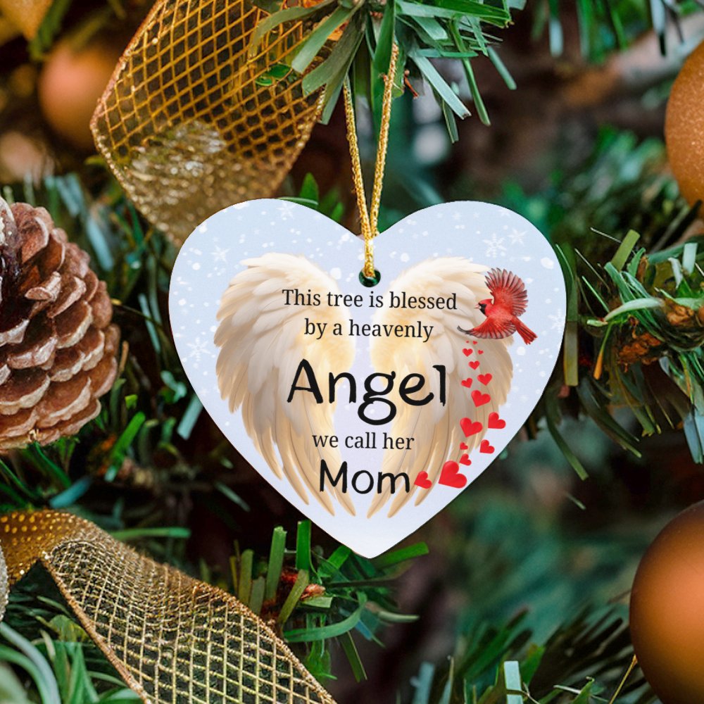 Cardinal Angel Wings Ceramic Ornament, Mom Memorial Heart Ornament, Loss of Mother Sympathy Ornament, In Loving Memory Christ
