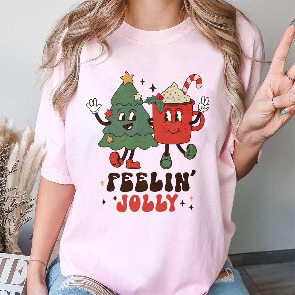 Retro Holiday Tree and Cocoa Graphic Tee, Feelin' Jolly Christmas T-Shirt, Vintage Xmas Party Shirt, Adorable Winter Apparel 