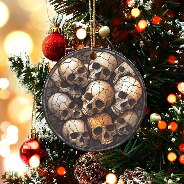 Stained Glass Skulls Tree Ornament, Gothic Skull Christmas Ornament, Dark Academia Ceramic Ornament, Skeleton Spooky Holiday 