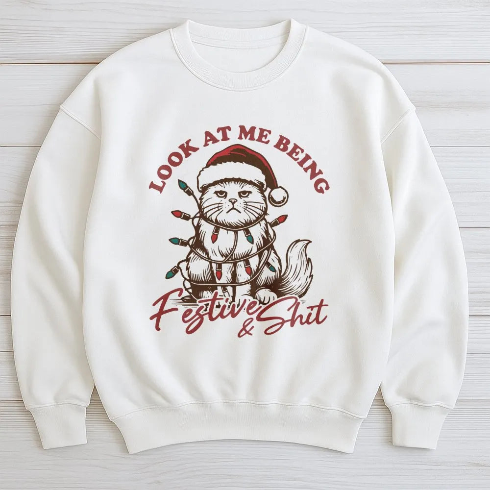 Grumpy Cat Tangled in Lights Sweater, Humorous Christmas Cat Sweatshirt, Sarcastic Xmas Cat Lover Crewneck, Holiday Kitty Pul