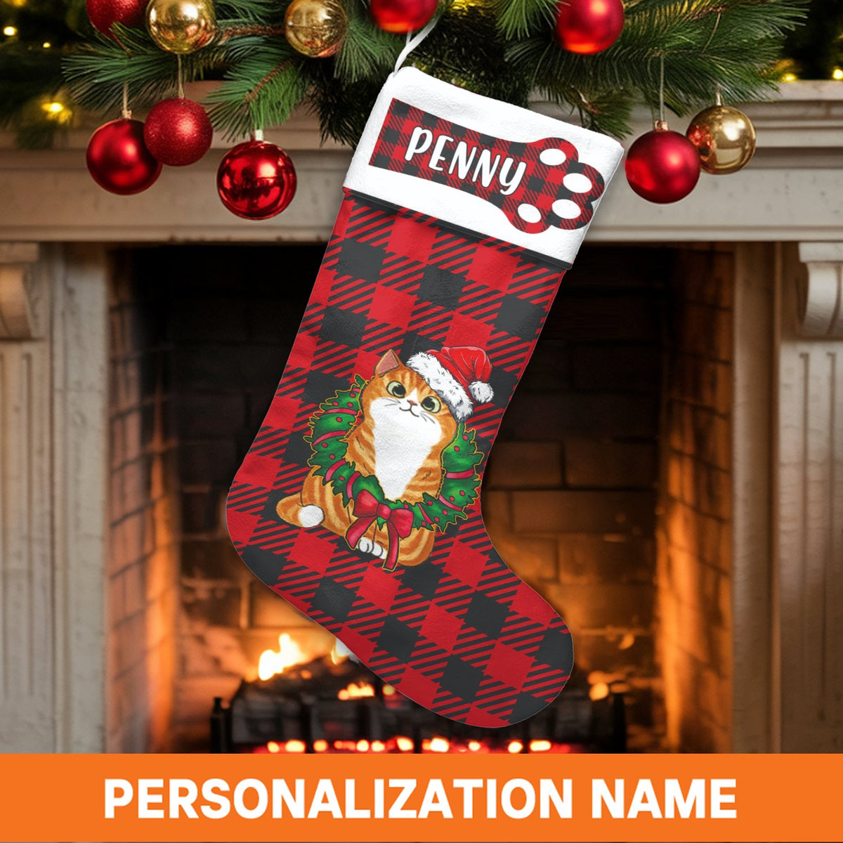 Red Buffalo Plaid Pet Xmas Stocking, Personalized Orange Cat Christmas Stocking, Custom Name Cat Holiday Stocking, Adorable K