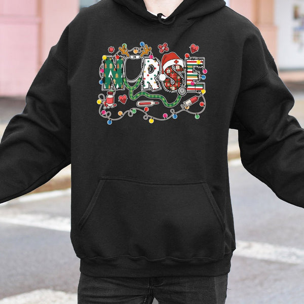 Festive Stethoscope Hooded Sweatshirt, Christmas Nurse Hoodie, RN Nursing Holiday Pullover, Medical Staff Xmas Sweater, Nursi
