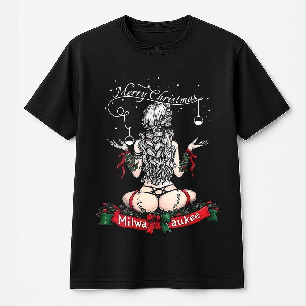 Vintage Pin-Up Girl Holiday Shirt, Milwaukee Christmas T-Shirt, Retro Milwaukee City Pride Tee, Edgy Graphic Christmas T-Shir