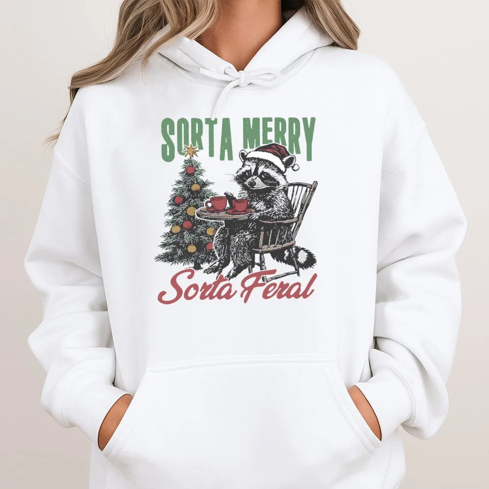 Humorous Christmas Raccoon Hooded Sweatshirt, Sorta Merry Sorta Feral Raccoon Hoodie, Adorable Xmas Animal Pullover, Wildlife