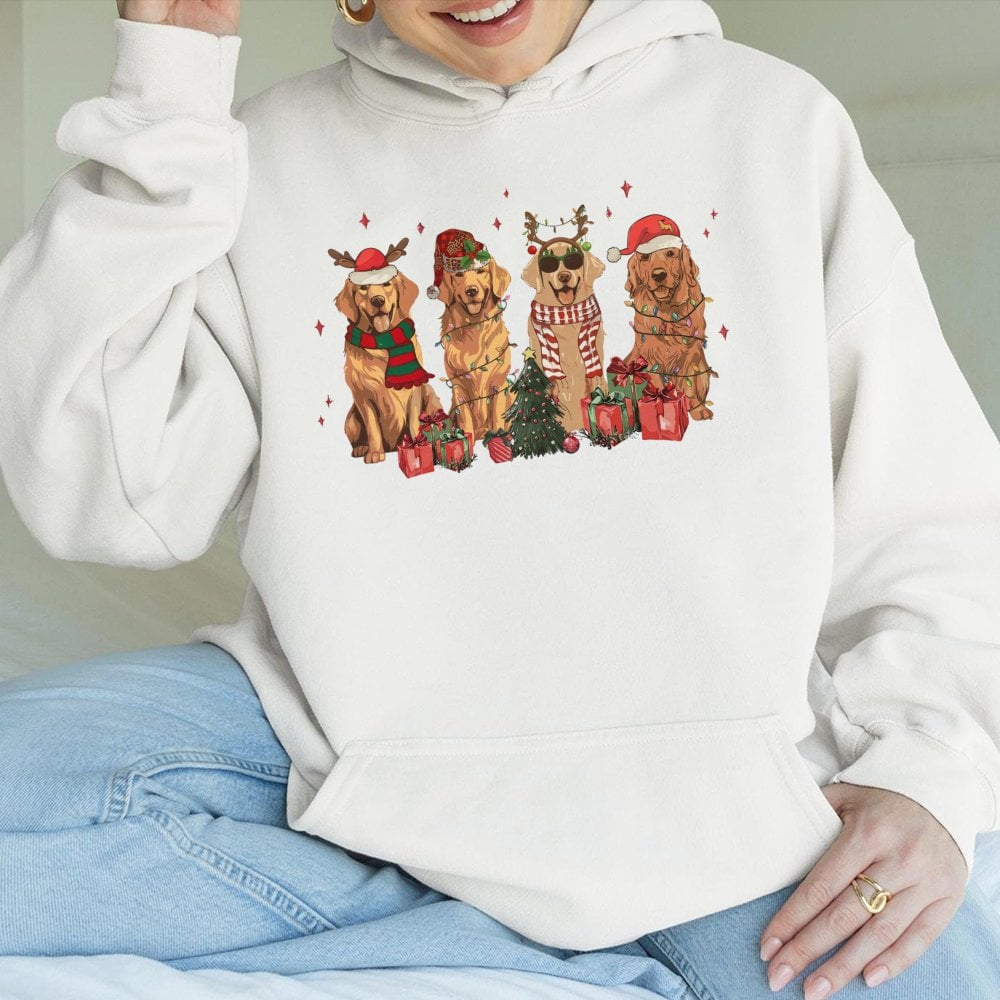 Adorable Dog Mom Holiday Hoodie, Golden Retriever Christmas Hoodie, Santa Dog Winter Hooded Sweatshirt, Festive Pet Lover Pul
