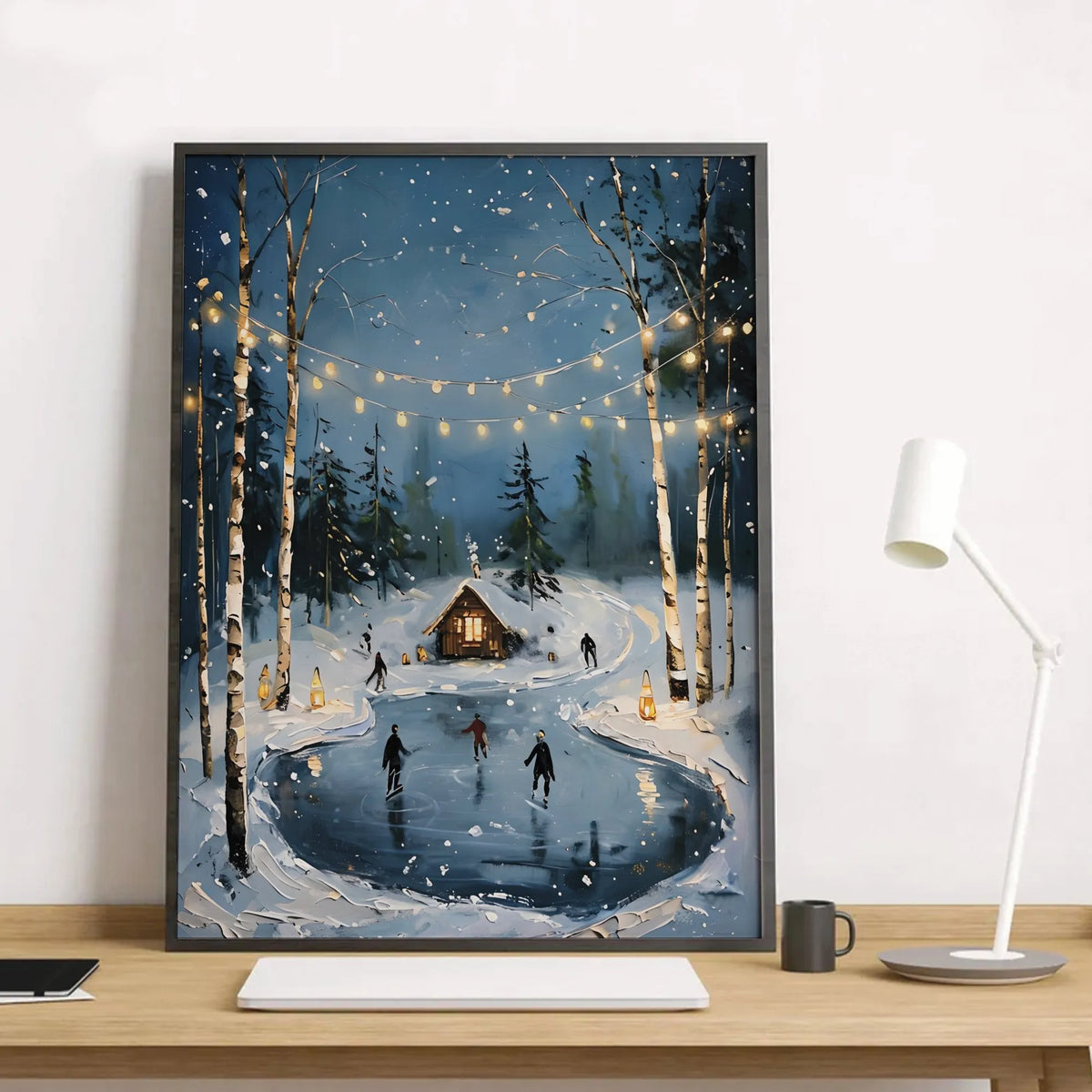 Comfy Forest String Lights Art Print, Winter Ice Skating Cabin Poster, Seasonal Christmas Wall Art Poster, Rustic Holiday Pai
