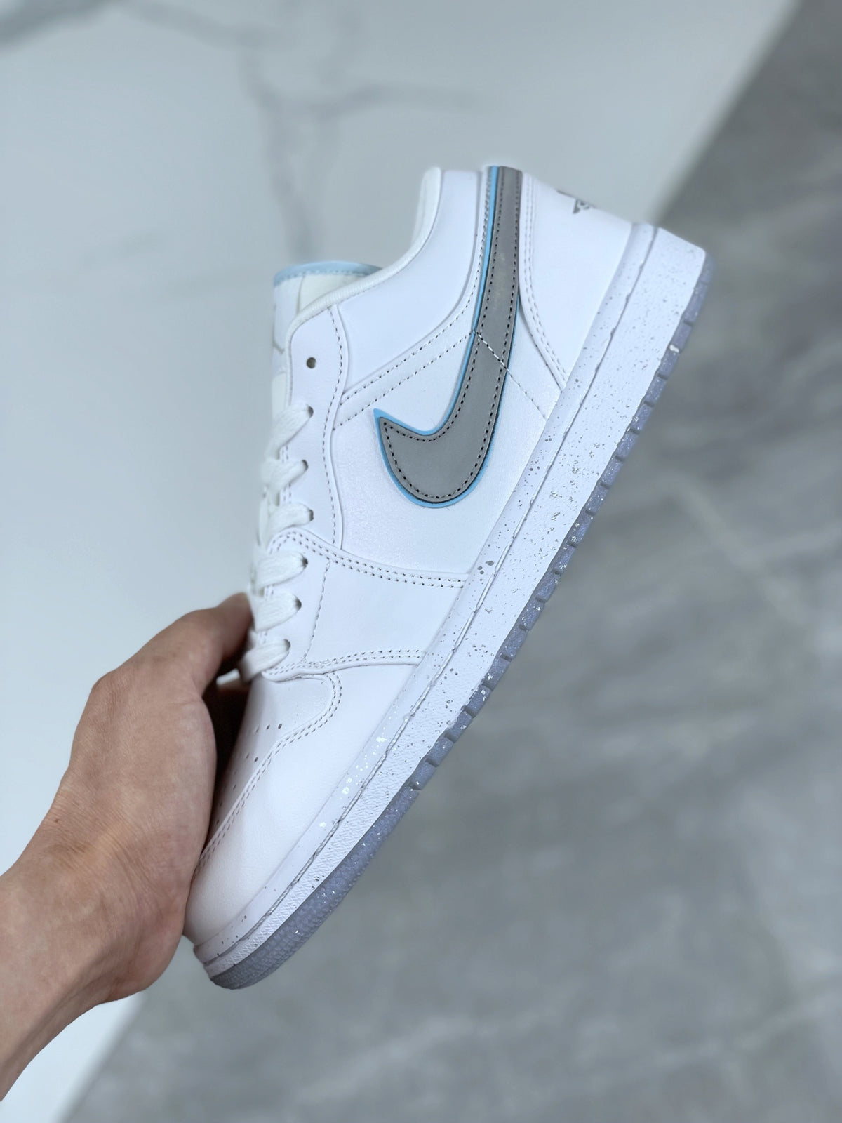 Low Top Sneakers, White Silver Colorway, Reflective Detail, Lace Up Design, Casual Gift for Sneaker Fans