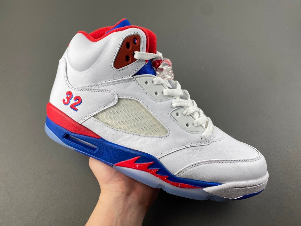 High Top Sneakers, Blue White Red Colorway, Leather Footwear, Lace Up Design, Casual Gift for Sneaker Fans