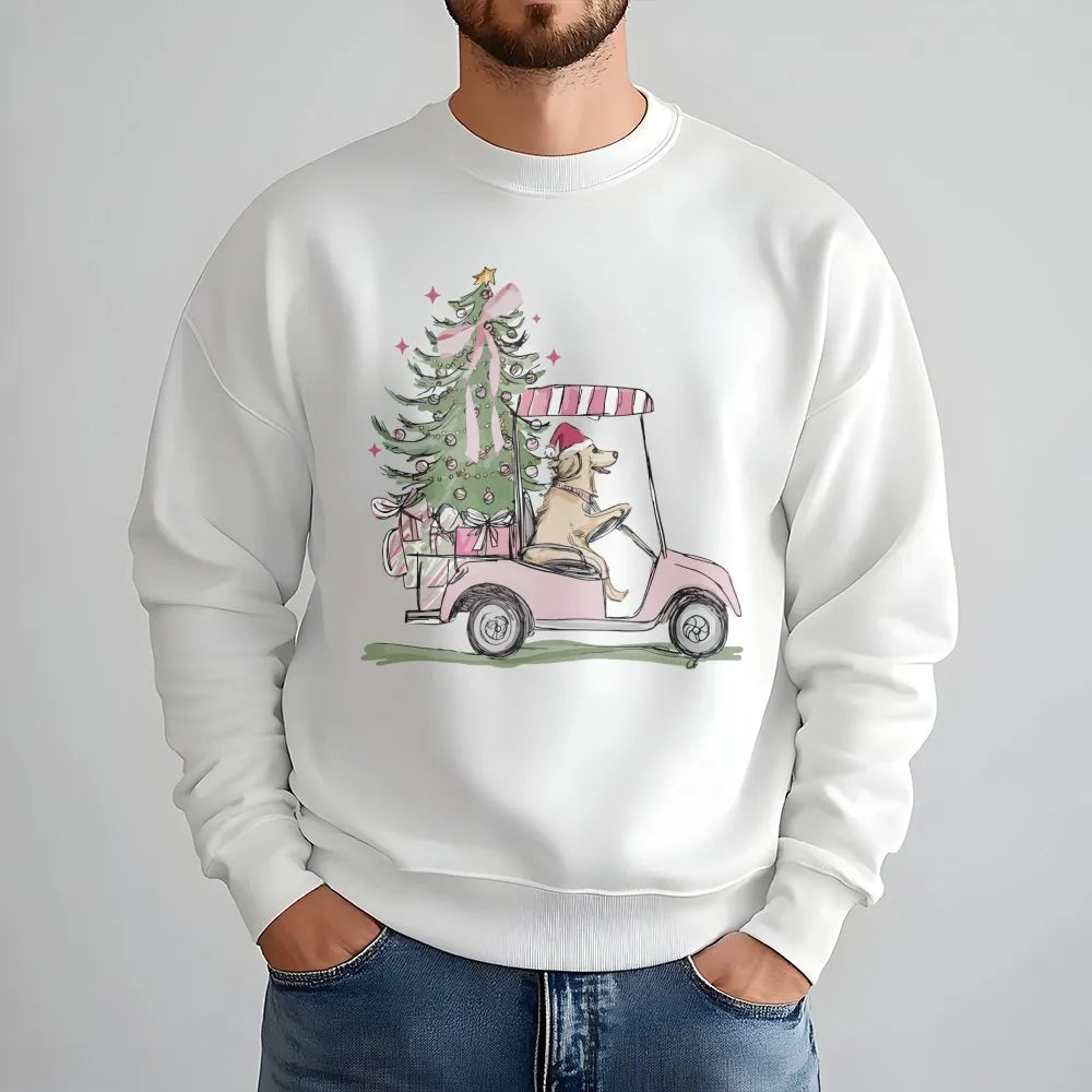 Holiday Dog Lover Sweatshirt, Golden Retriever Golf Cart Christmas Sweatshirt, Adorable Xmas Puppy Sweatshirt, Golfer Crewnec