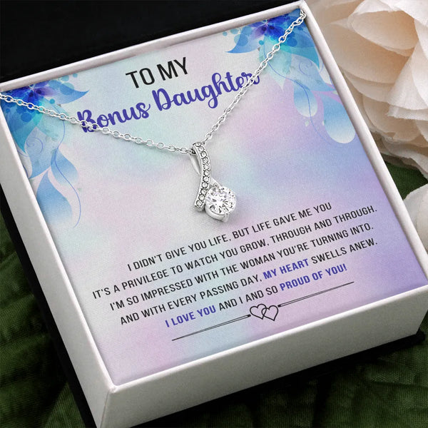 Sparkly Cubic Zirconia Ribbon Pendant Necklace, Bonus Daughter Ribbon Necklace, White Gold Finish Necklace, Birthday Christma