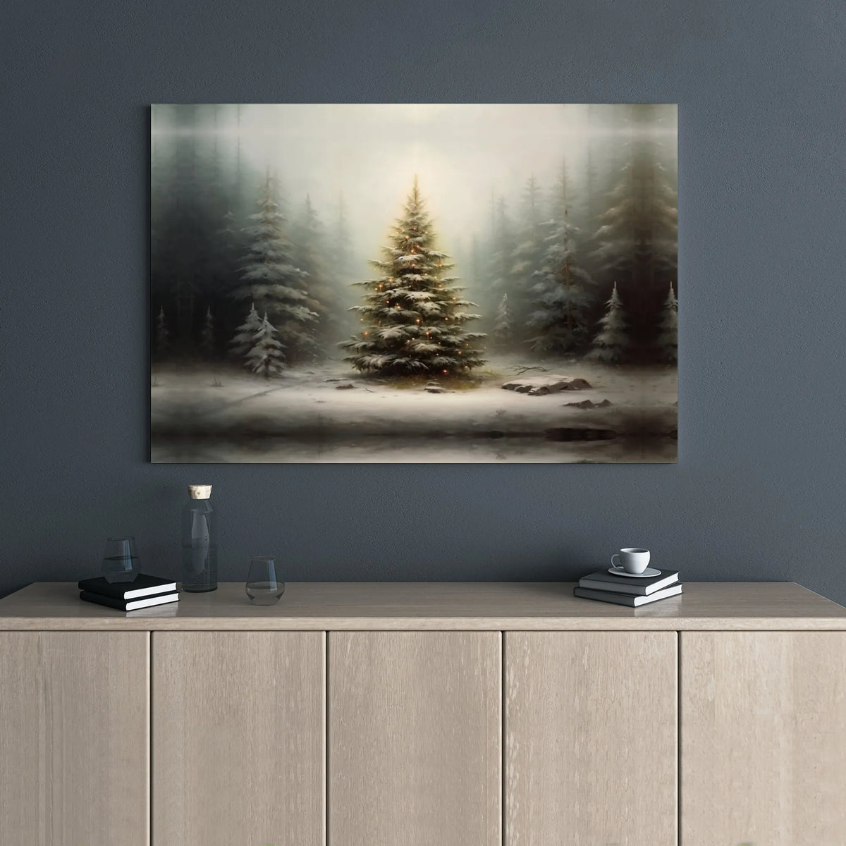 Illuminated Holiday Landscape Wall Decor, Snowy Winter Forest Christmas Tree Canvas Art, Comfy Winter Canvas Print, Christmas