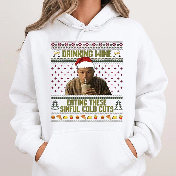 Ugly Christmas Sweater True Crime Hoodie, Sinful Cold Cuts Hoodie, Humorous Mystery Graphic Sweatshirt, Holiday Season Fan Pu