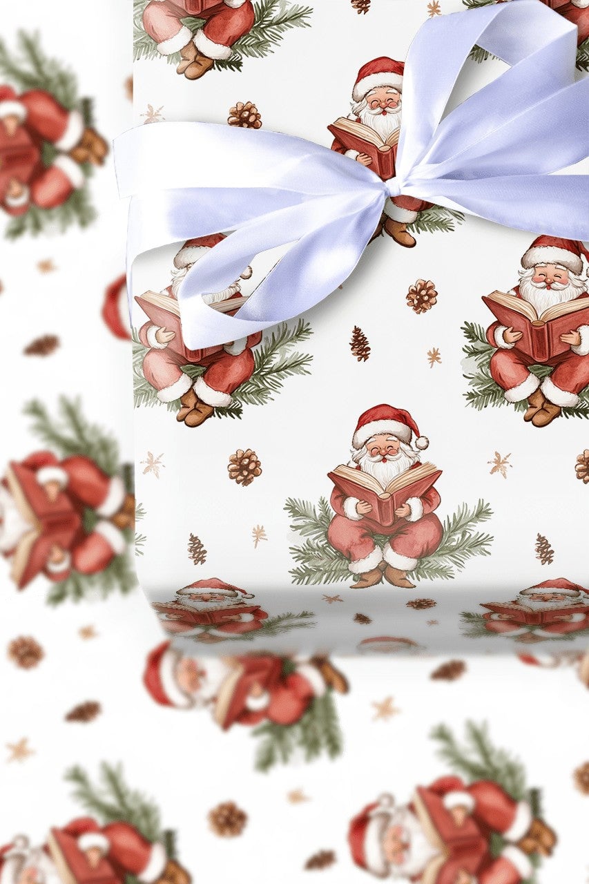 Book Lover Christmas Gift Wrap, Reading Santa Wrapping Paper, Vintage Watercolor Wrapping Paper, Pinecone Holiday Gift Wrap R
