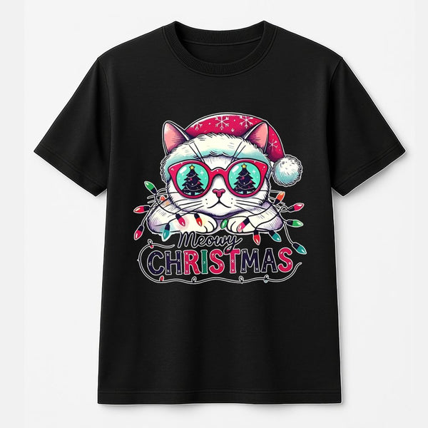 Humorous Cat Santa Hat Shirt, Meowy Christmas T-Shirt, Adorable Holiday Kitten Tee, Retro Christmas Cat Graphic Tee, Xmas Pre
