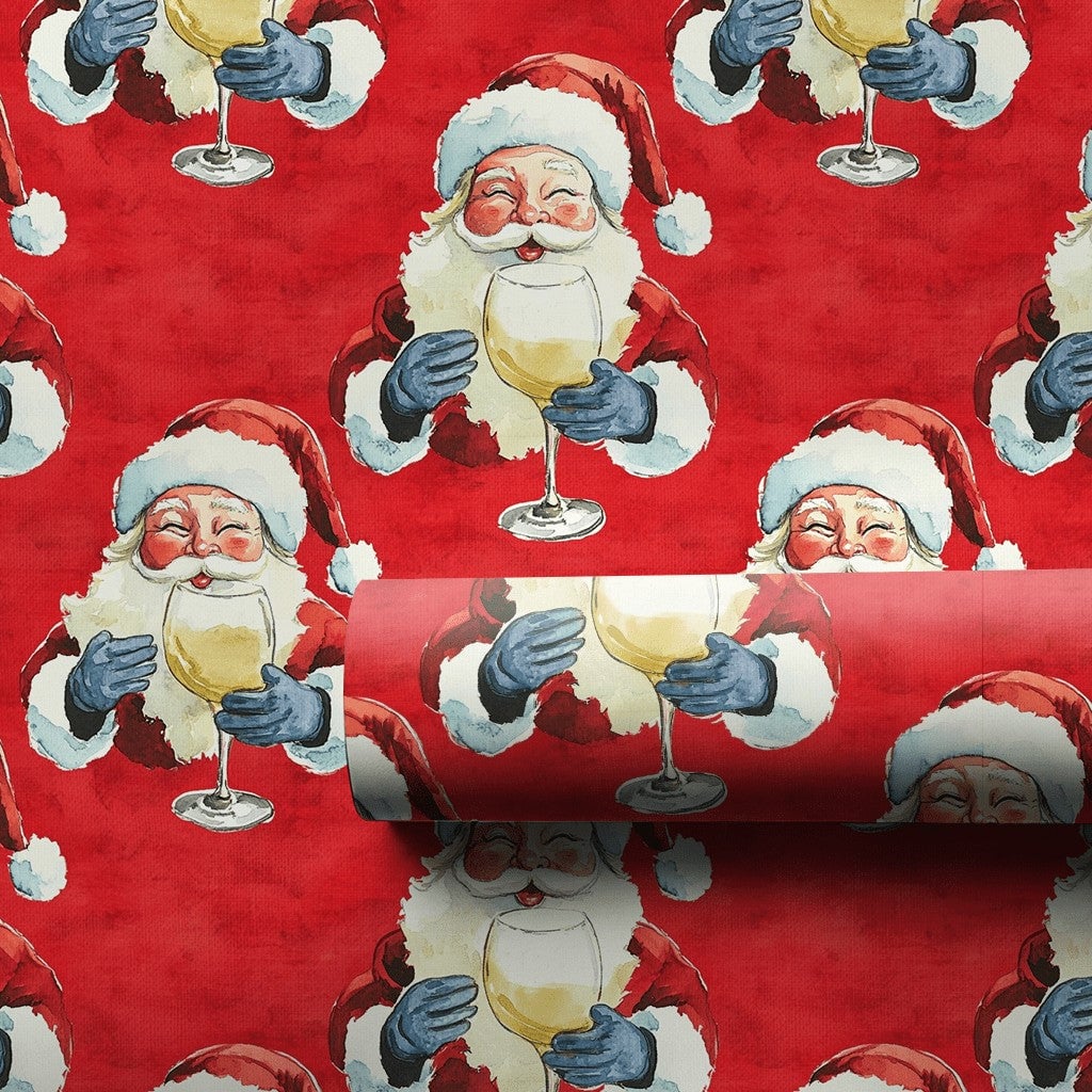Humorous Red Christmas Gift Wrap, Santa Drinking White Wine Wrapping Paper, Jolly Santa Wine Lover Wrapping Paper, Holiday Pa