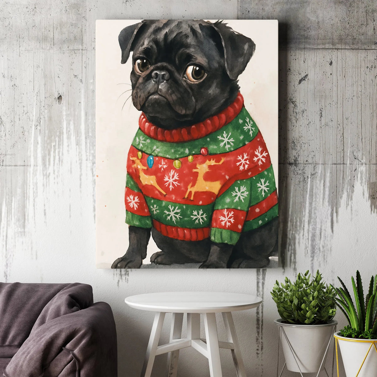 Ugly Sweater Pug Dog Canvas Print, Black Pug Christmas Canvas Wall Art, Holiday Pet Wall Decor, Adorable Christmas Animal Lov