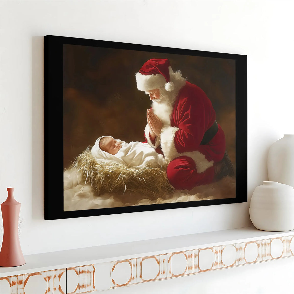 Nativity Scene Wall Art, Santa Kneeling at Manger Canvas, Religious Christmas Canvas Print, Christian Holiday Canvas, Christi