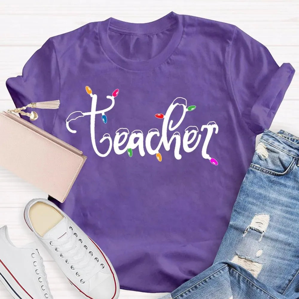 Adorable Holiday Educator Graphic Tee, Christmas Lights Snow Teacher T-Shirt, Festive Winter Teacher Shirt, Merry Christmas P