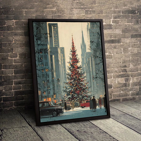 Retro New York Holiday Street Scene Print, Vintage NYC Christmas Canvas Art, Winter NYC Tree Canvas Wall Art, Festive City Wa