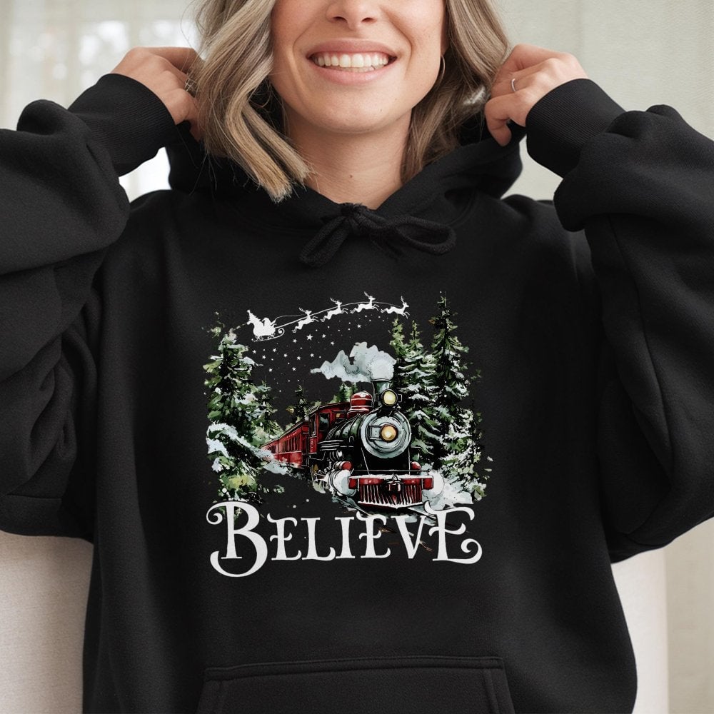 Vintage Winter Holiday Sweatshirt, Believe Christmas Train Hoodie, Comfy Polar Graphic Hoodie, Festive Christmas Hooded Sweat