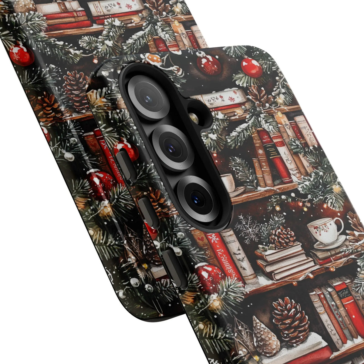 Comfy Winter Library Samsung Case, Christmas Bookshelf Phone Case, Holiday Book Lover Phone Cover, Bookish Pine Ornament Toug