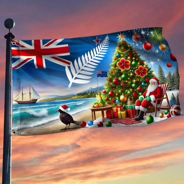 Summer Beach Santa Kiwi House Flag, New Zealand Christmas House Flag, Southern Hemisphere Xmas Flag, Kiwi Holiday Outdoor Gar