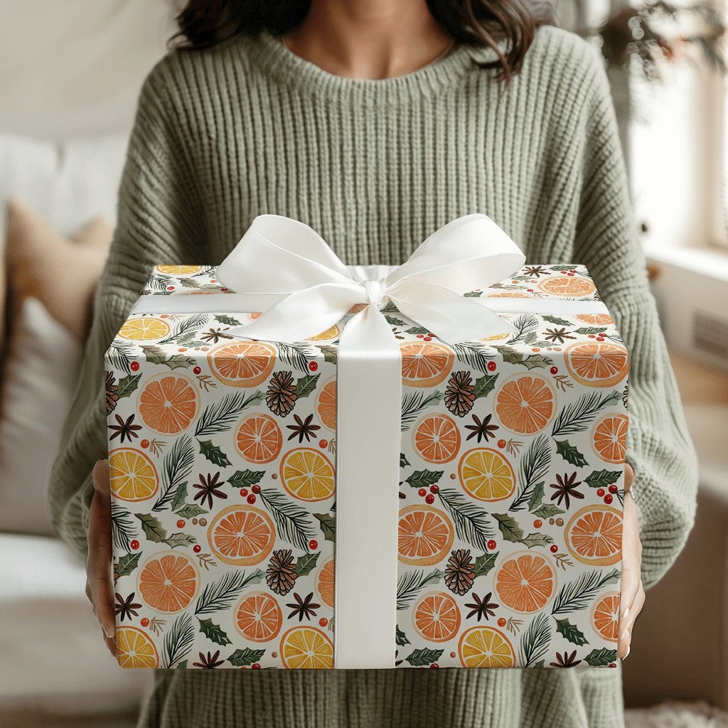Pinecone Rustic Gift Wrap, Dried Orange Christmas Wrapping Paper, Botanical Winter Holiday Wrapping Paper, Comfy Season Gift 