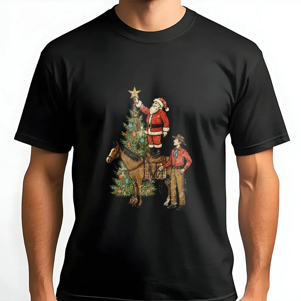 Country Rodeo Santa Riding Horse Tee, Western Christmas Cowboy Santa T-Shirt, Vintage Holiday Graphic Shirt, Cowgirl Christma