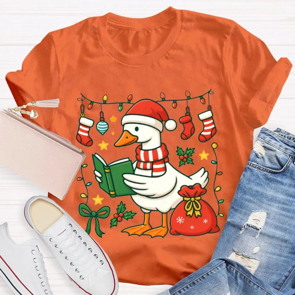 Humorous Holiday Bookworm Goose Shirt, Christmas Goose Reading Book T-Shirt, Adorable Winter Reading Tee, Book Lover Christma