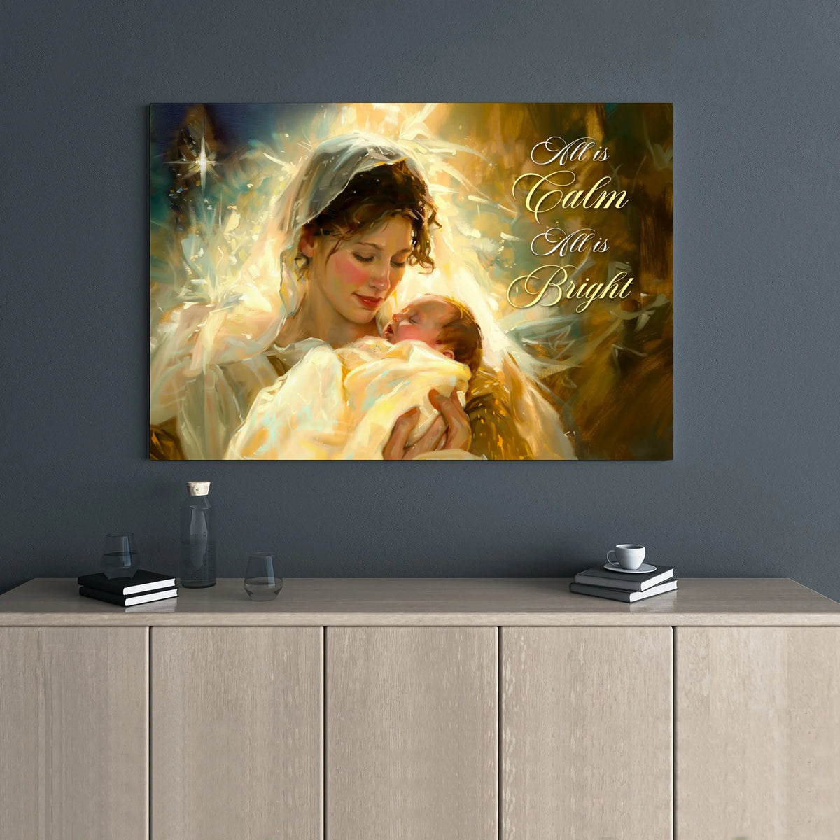 All Is Calm All Is Bright Print, Virgin Mary and Baby Jesus Canvas Art, Nativity Catholic Christmas Canvas Wall Decor
